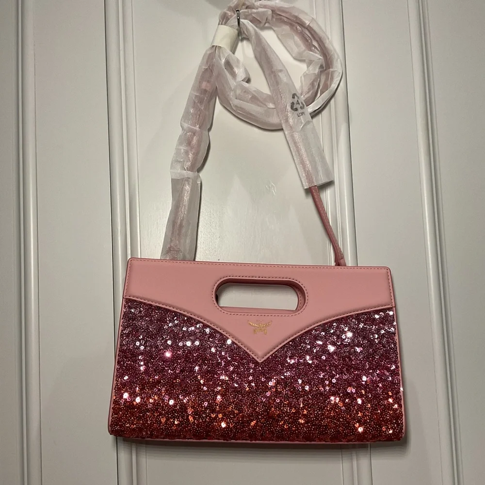 MCM Diamond Tote In Sequin Lamb Leather Pink NWT - Picture 9 of 13